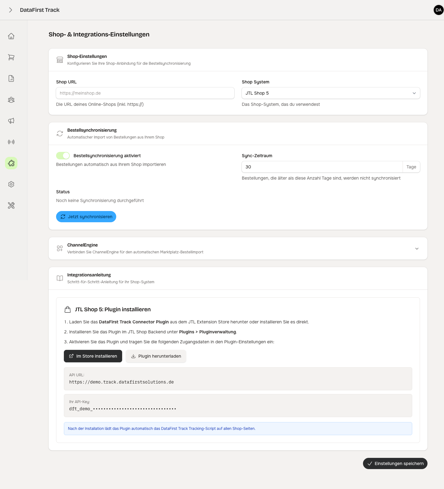 Die Seite „Shop- & Integrations-Einstellungen" im Backend