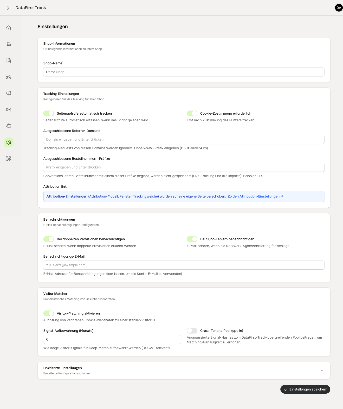 Die Seite „Einstellungen" mit Shop-Informationen, Tracking- und Benachrichtigungs-Optionen
