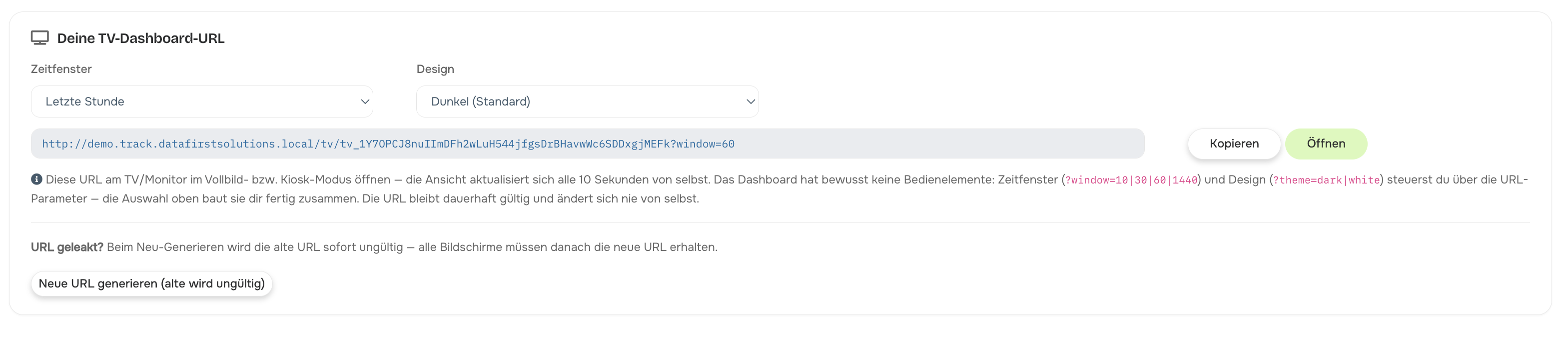 Der TV-Modus-Tab mit Auswahl von Zeitfenster und Design und der erzeugten stabilen TV-Dashboard-URL