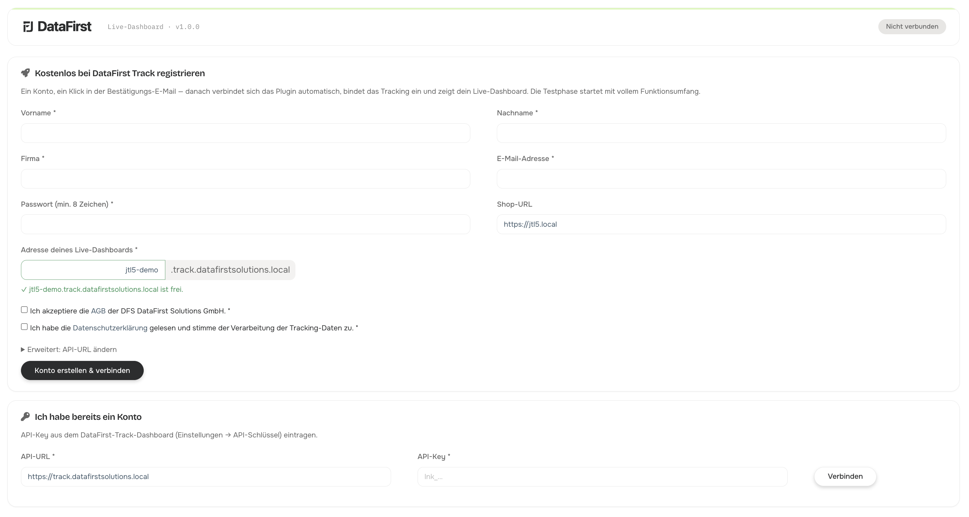 Der Verbindungs-Assistent des Live-Dashboards mit Registrierungsformular und eigener Dashboard-Subdomain
