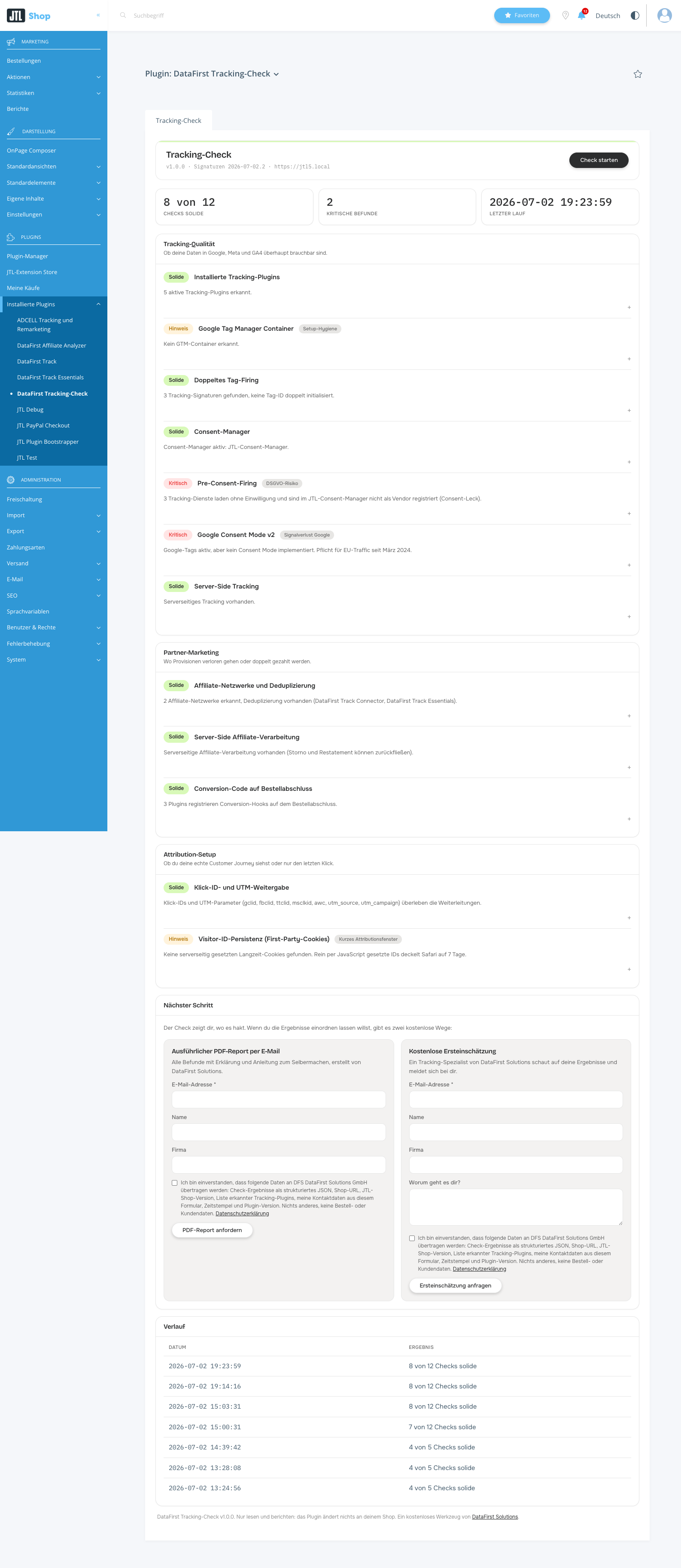 Die Tracking-Check-Seite im JTL-Backend mit Ampel-Report über zwölf Checks in drei Bereichen