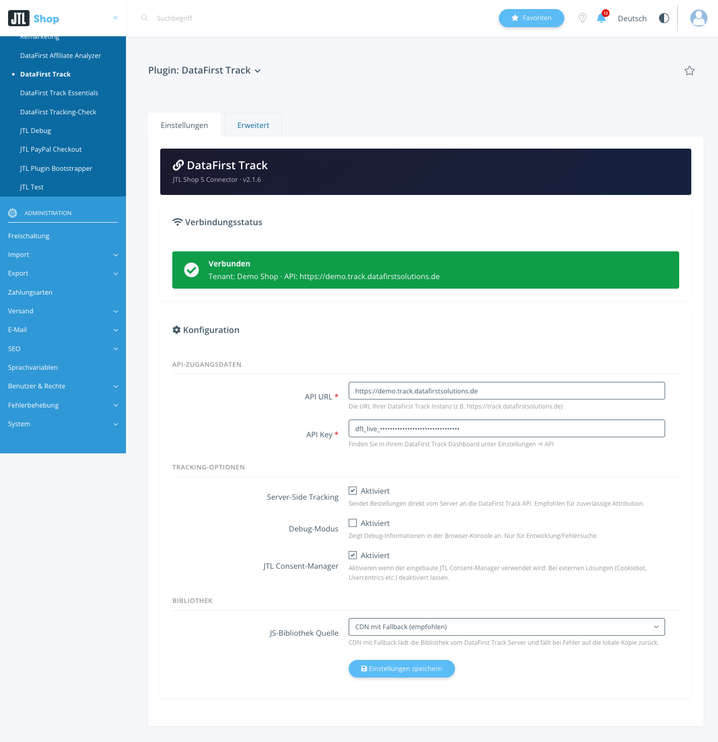 Die Konfigurationsseite des DataFirst-Track-Plugins im JTL-Backend mit grünem Verbindungsstatus