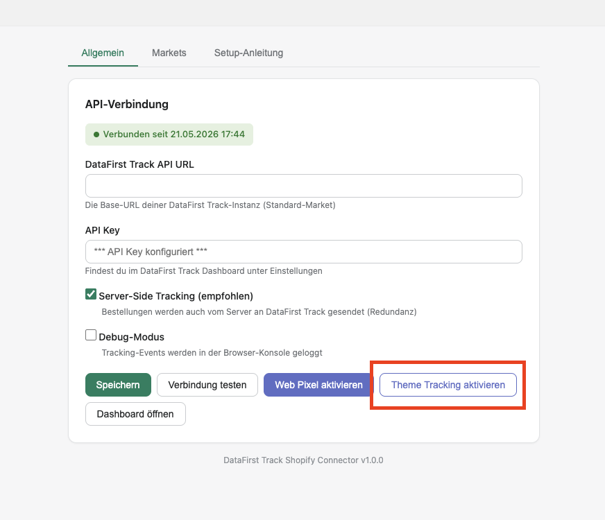 Der Reiter „Allgemein" der DataFirst-Track-App im Shopify-Admin mit API-Verbindung und Buttons