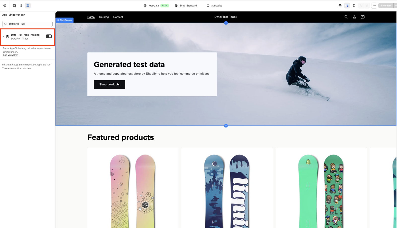 Der Shopify-Theme-Editor mit der App-Einbettung „DataFirst Track Tracking" und dem Aktivierungs-Schalter