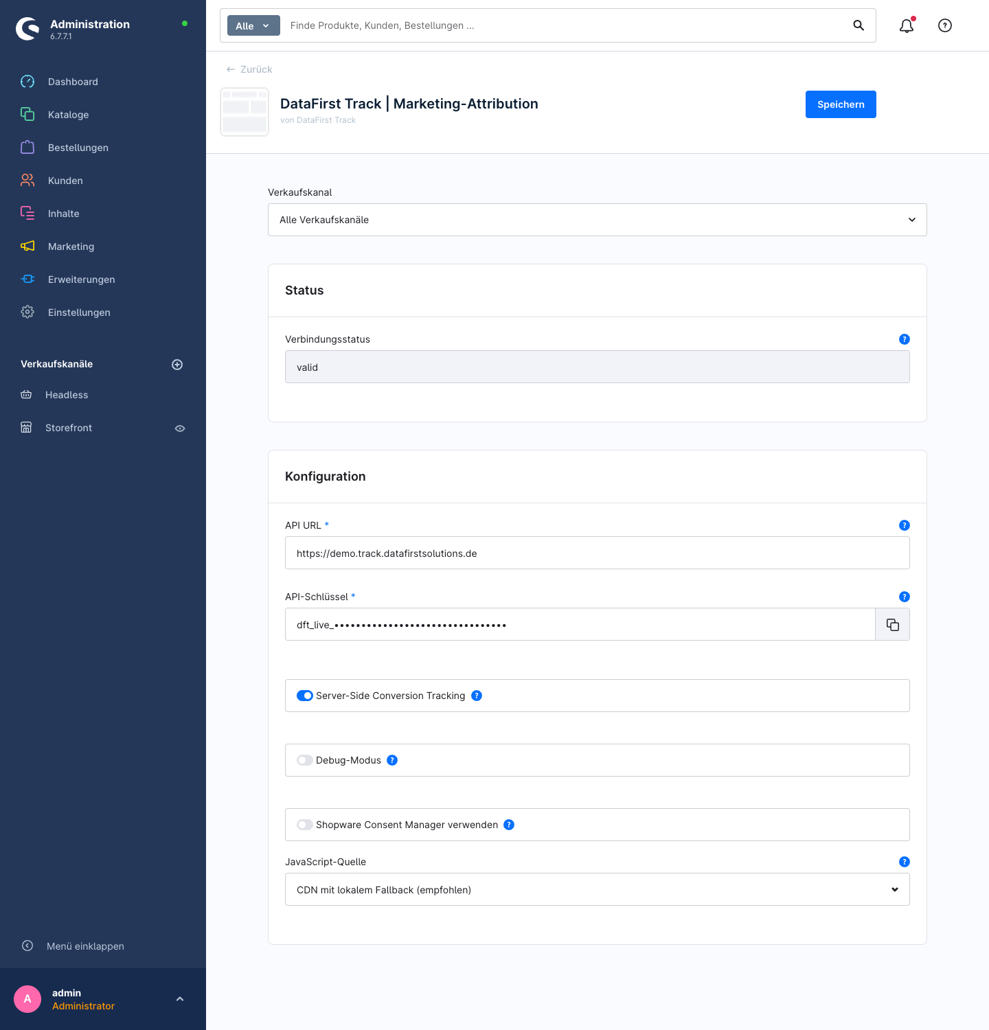 Die Konfigurationsseite des DataFirst-Track-Plugins im Shopware-6-Admin