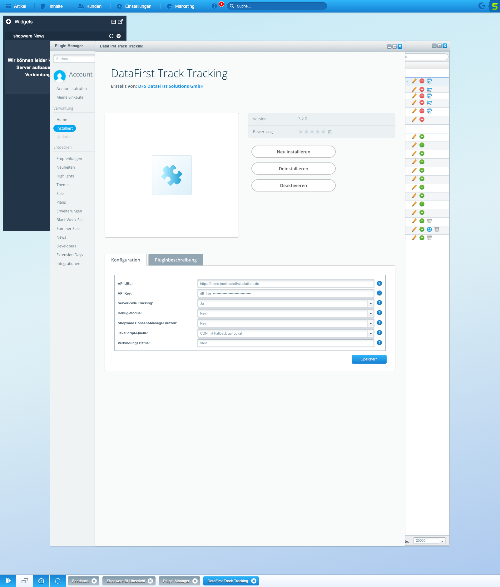 Die Konfigurationsseite des DataFirst-Track-Plugins im Shopware-5-Plugin-Manager